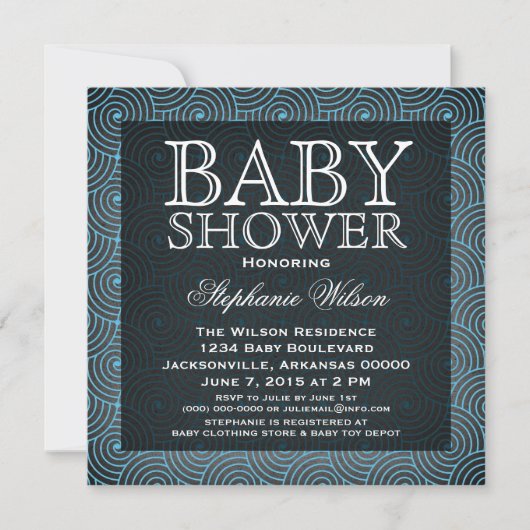 Invitation Baby shower Mod Swirls, Bleu (Devant)