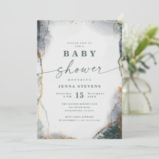 Invitation Baby shower moderne Abstrait Marine Green & Gold (Debout devant)
