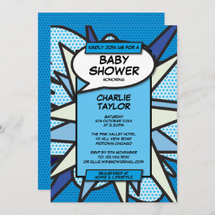 Invitation Baby shower moderne amusant Boy Blue Comic