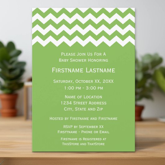 Invitation Baby shower moderne avec Chevrons verts et blancs