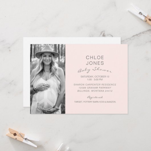 Invitation Baby shower moderne B/W Photo Champagne Rose (Devant/Arrière en situation)