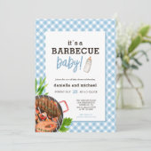Invitation Baby shower moderne barbecue à carreaux bleus pour (Debout devant)