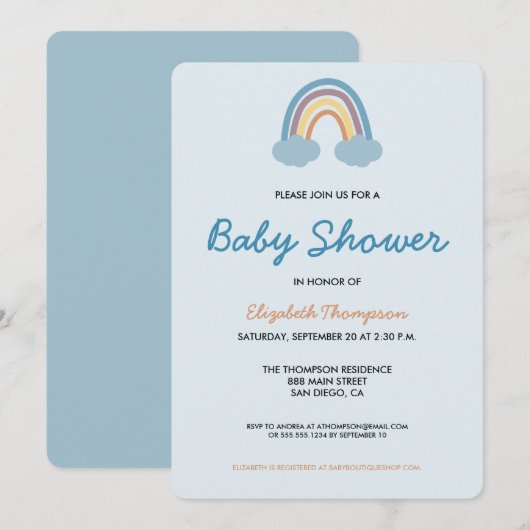 Invitation Baby shower moderne bébé bleu Rainbow (Devant / Derrière)