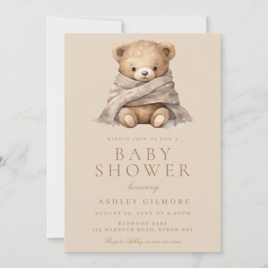 Invitation Baby shower moderne Beige Brown Teddy Bear (Devant)