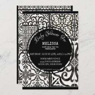 Invitation Baby shower moderne blanc noir blanc de tuile d'él
