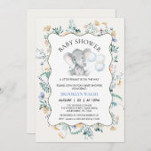 Invitation Baby shower moderne bleu jaune floral éléphant (Devant / Derrière)