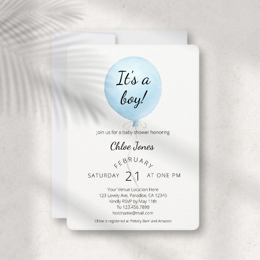 Invitation Baby shower moderne Blue Balloon Boy