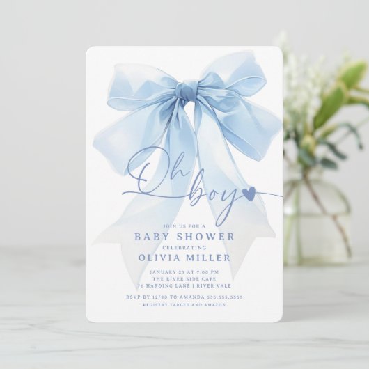 Invitation Baby shower moderne Blue Bow (Debout devant)