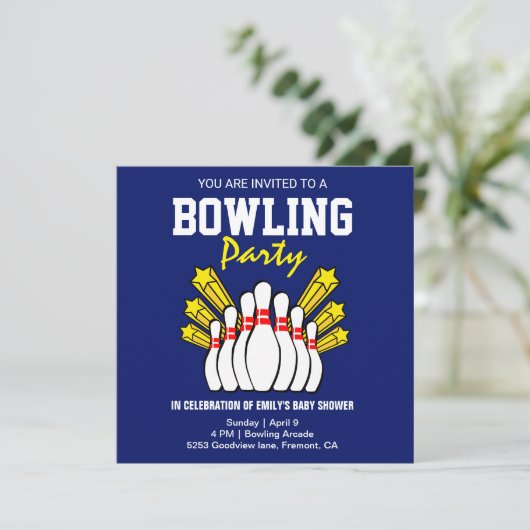 Invitation Baby shower moderne Blue Bowling (Debout devant)