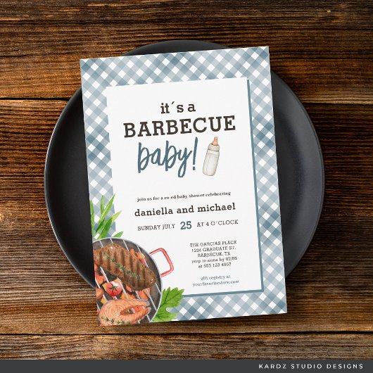 Invitation Baby shower moderne Blue En vichy barbecue