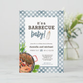 Invitation Baby shower moderne Blue En vichy barbecue (Debout devant)