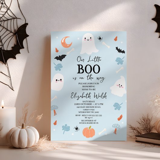 Invitation Baby shower moderne Blue Halloween Little Boo