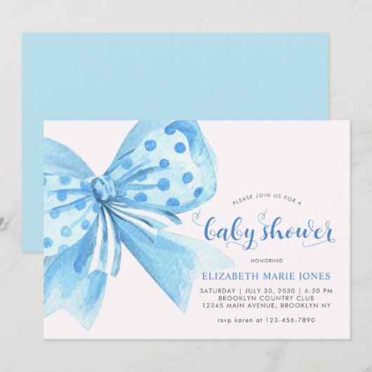 Invitation Baby shower moderne Blue Watercolor Bow Ribbon Boy (Devant / Derrière)