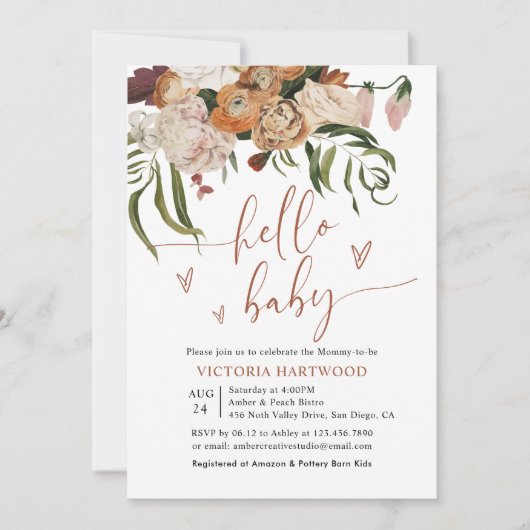 Invitation Baby shower moderne Boho Fall Florals (Devant)