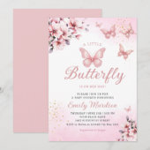 Invitation Baby shower moderne Boho rose floral papillon fill (Devant / Derrière)