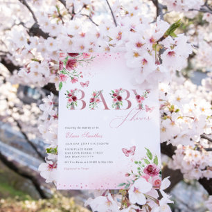 Invitation Baby shower moderne Boho rose floral papillon fill