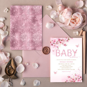 Invitation Baby shower moderne Boho rose floral papillon fill