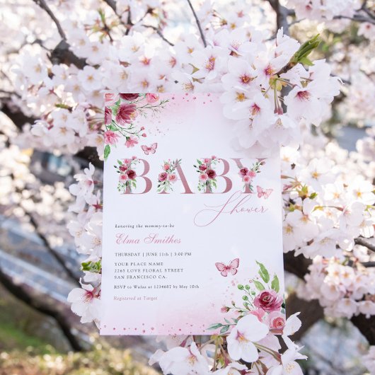 Invitation Baby shower moderne Boho rose floral papillon fill