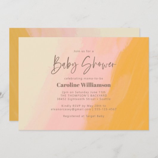 Invitation Baby shower moderne Boho rose jaune mignon Script (Devant / Derrière)
