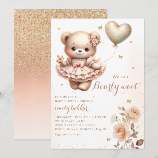 Invitation Baby shower moderne Boho Teddy Bear Balloon Girl (Devant / Derrière)
