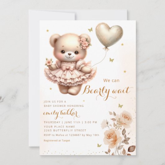 Invitation Baby shower moderne Boho Teddy Bear Balloon Girl (Devant)