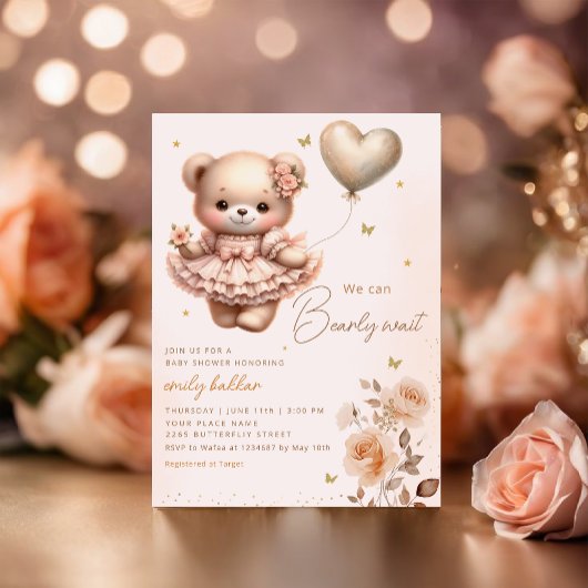 Invitation Baby shower moderne Boho Teddy Bear Balloon Girl