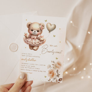 Invitation Baby shower moderne Boho Teddy Bear Balloon Girl