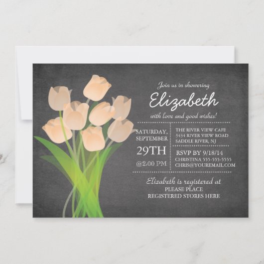 Invitation Baby shower moderne Chalkboard Peach Tulip Girls (Devant)