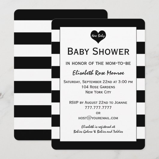 Invitation Baby shower moderne chic noir & blanc (Devant / Derrière)