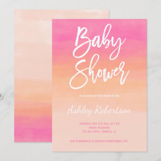 Invitation Baby shower moderne corail rose aquarelle ombre (Devant / Derrière)