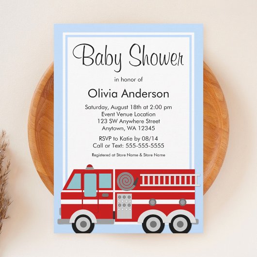 Invitation Baby shower moderne de camion d'incendie