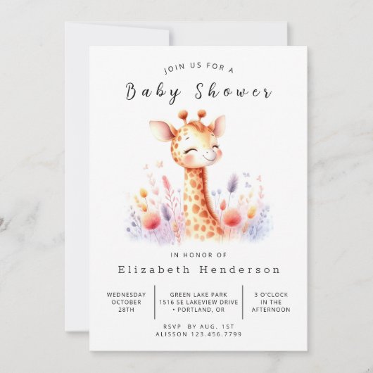 Invitation Baby shower moderne de Giraffe Editable (Devant)
