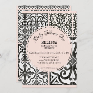 Invitation Baby shower moderne de l'Hacienda Tile Black White