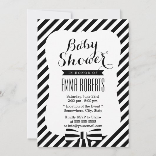 Invitation Baby shower moderne de lignes en bande noire et bl (Devant)