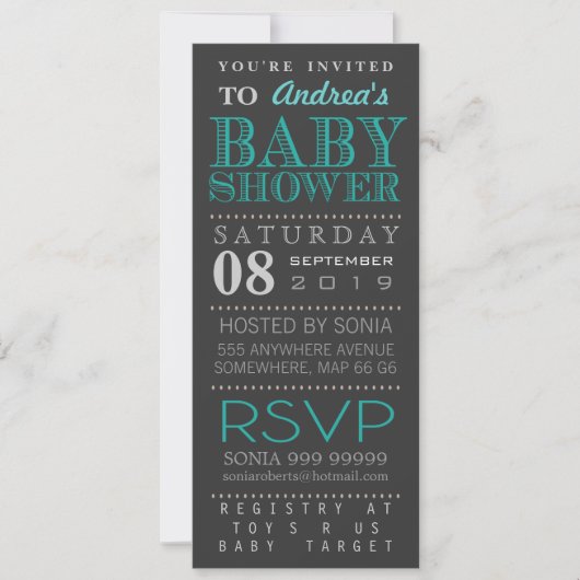 Invitation Baby shower moderne de typographie de turquoise (Devant)