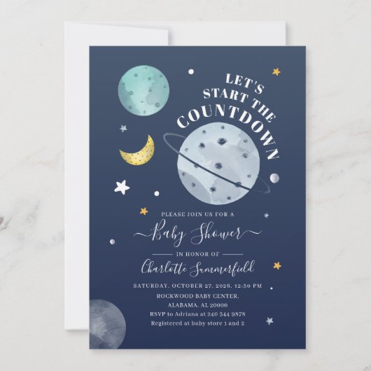 Invitation Baby shower moderne de typographie spatiale (Devant)