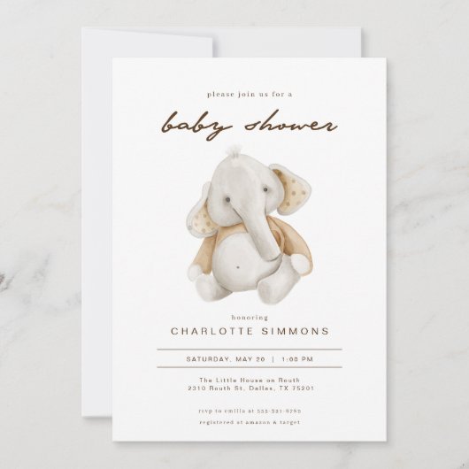 Invitation Baby shower moderne d'éléphant neutre pour les fem (Devant)