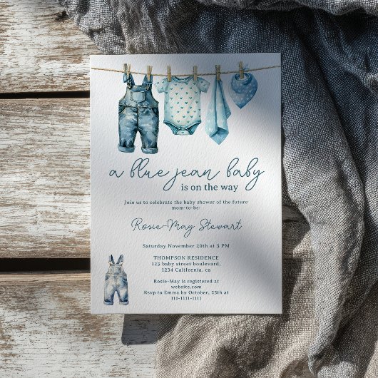 Invitation Baby shower moderne Denim Blue Jean Clothesline