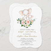 Invitation Baby shower moderne Elephant rose crème Fleurs (Devant / Derrière)