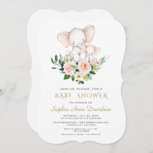 Invitation Baby shower moderne Elephant rose crème Fleurs (Devant / Derrière)