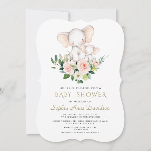 Invitation Baby shower moderne Elephant rose crème Fleurs (Devant)