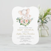 Invitation Baby shower moderne Elephant rose crème Fleurs (Debout devant)
