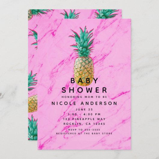 Invitation Baby shower moderne en marbre rose ananas tropical (Devant / Derrière)