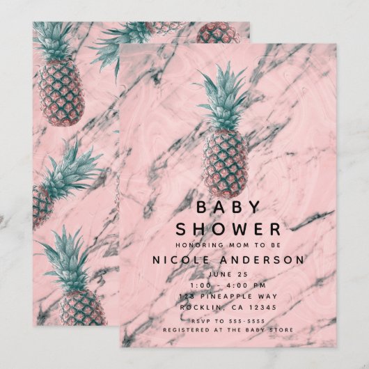 Invitation Baby shower moderne en marbre rose et ananas (Devant / Derrière)