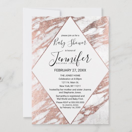 Invitation Baby shower moderne en marbre rose or blanc (Devant)