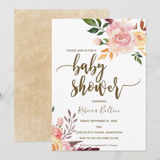 Invitation baby shower moderne en plumes florales de Boho inv (Devant / Derrière)