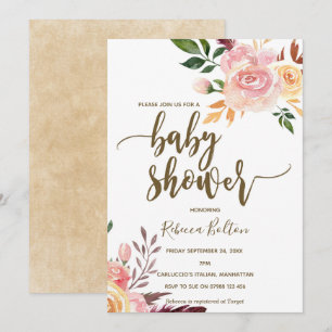 Invitation baby shower moderne en plumes florales de Boho inv
