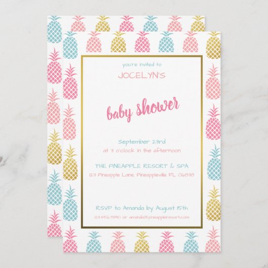 Invitation Baby shower moderne et chic d'ananas tropicale (Devant / Derrière)