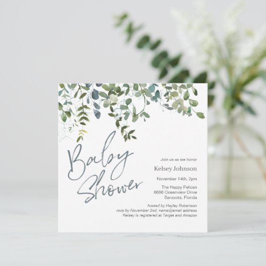 Invitation Baby shower moderne Eucalyptus Green Script (Debout devant)