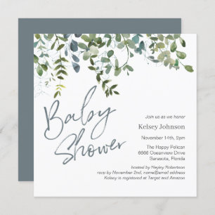 Invitation Baby shower moderne Eucalyptus Green Script